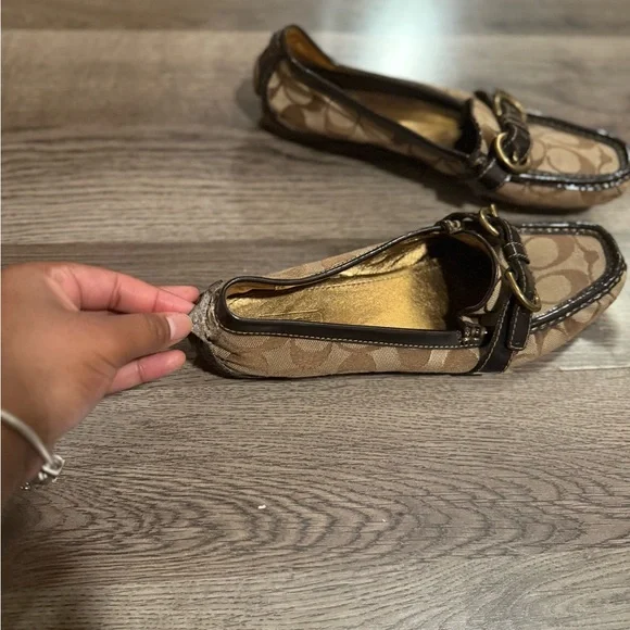 Coach Tan and Brown Loafers with Gold Buckle - Picture 2 of 6